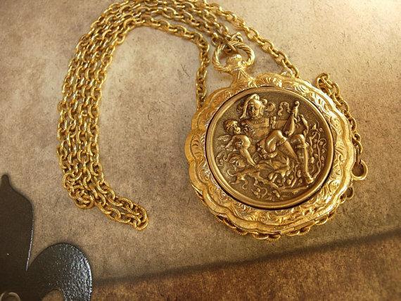 Mythical Jester and Cupid pocketwatch locket mirror necklace