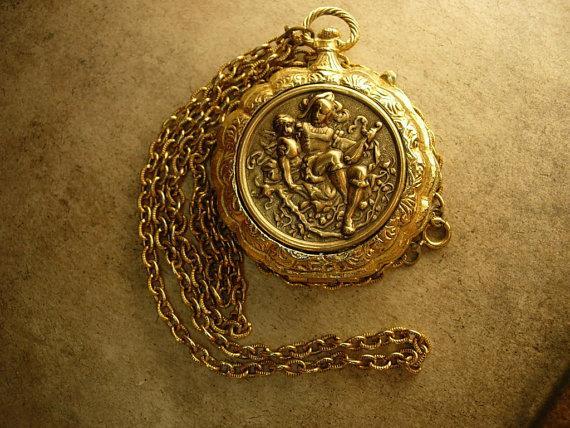 Mythical Jester and Cupid pocketwatch locket mirror necklace
