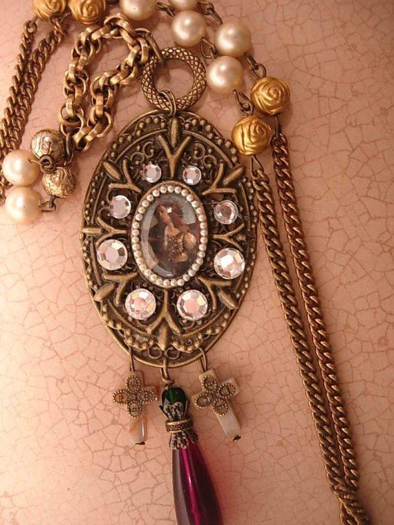 Gothic Joan of Arc Portrait religious cross necklace