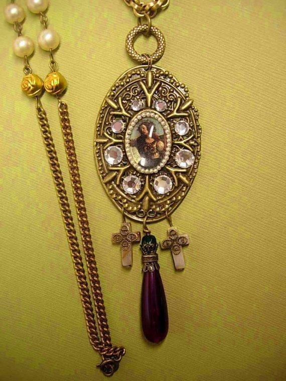 Gothic Joan of Arc Portrait religious cross necklace