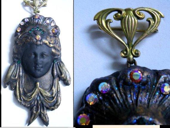 UNUSUAL HUGE Nouveau Goddess GOTHIC with Victorian hanger brooch