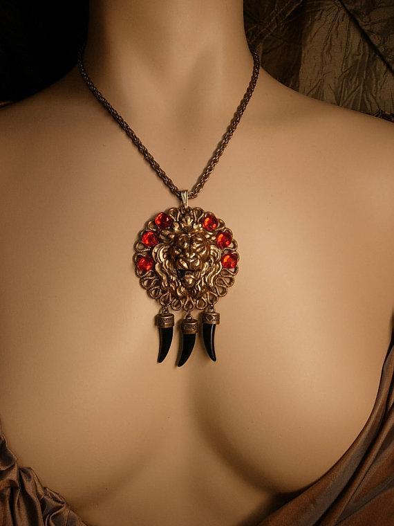 Fierce Lion Talisman Necklace Deep red jeweled head with claw tallons