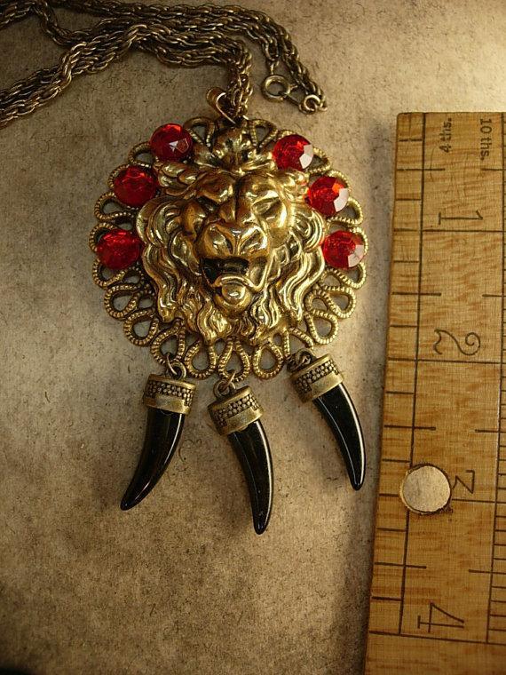 Fierce Lion Talisman Necklace Deep red jeweled head with claw tallons