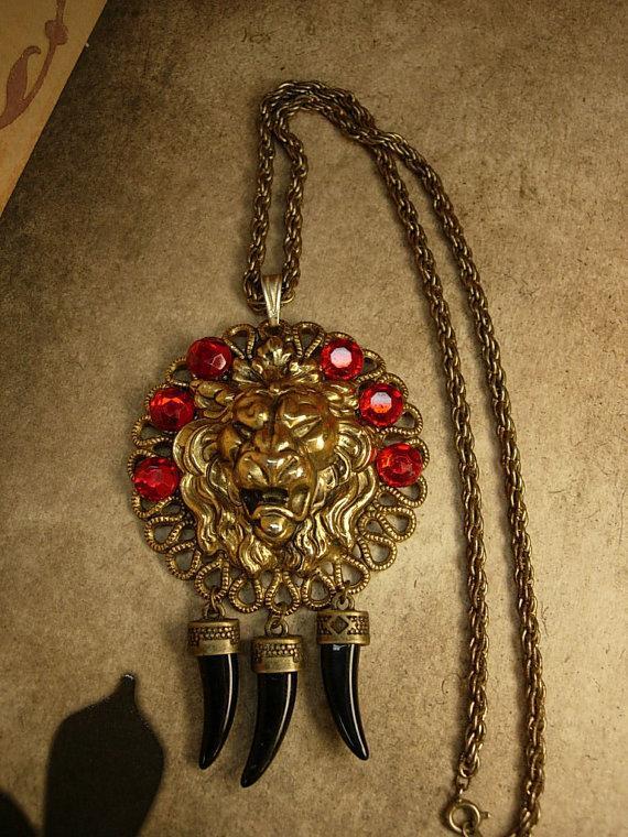 Fierce Lion Talisman Necklace Deep red jeweled head with claw tallons