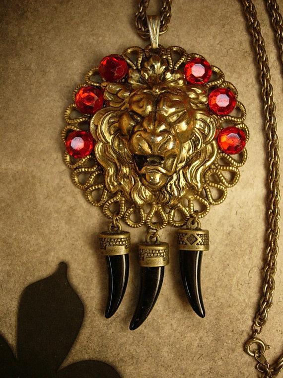 Fierce Lion Talisman Necklace Deep red jeweled head with claw tallons