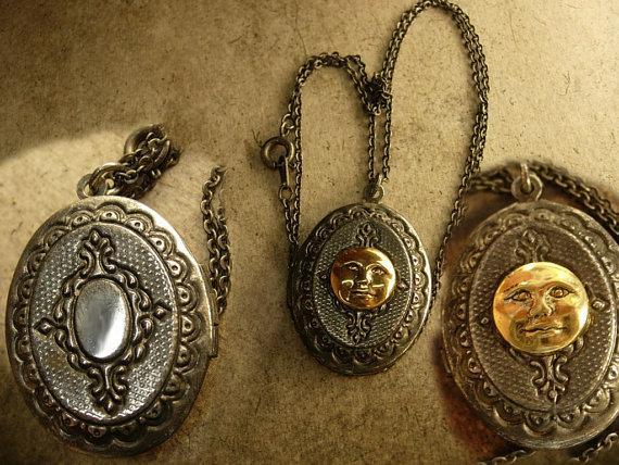 Vintage gunmetal moon locket Whimsical face in mixed metals