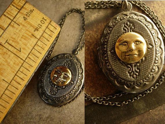 Vintage gunmetal moon locket Whimsical face in mixed metals