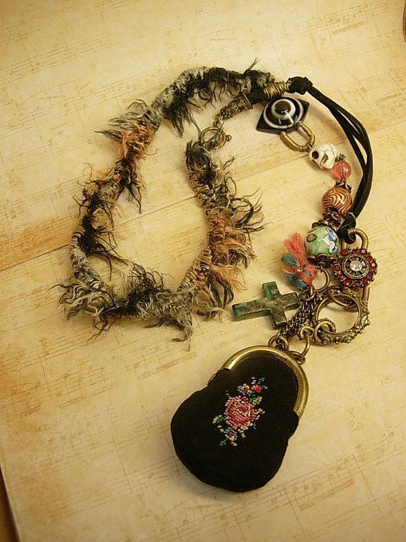 Strange Aunt Emmas bag of tricks necklace antique miniature coin purse and evil eyes