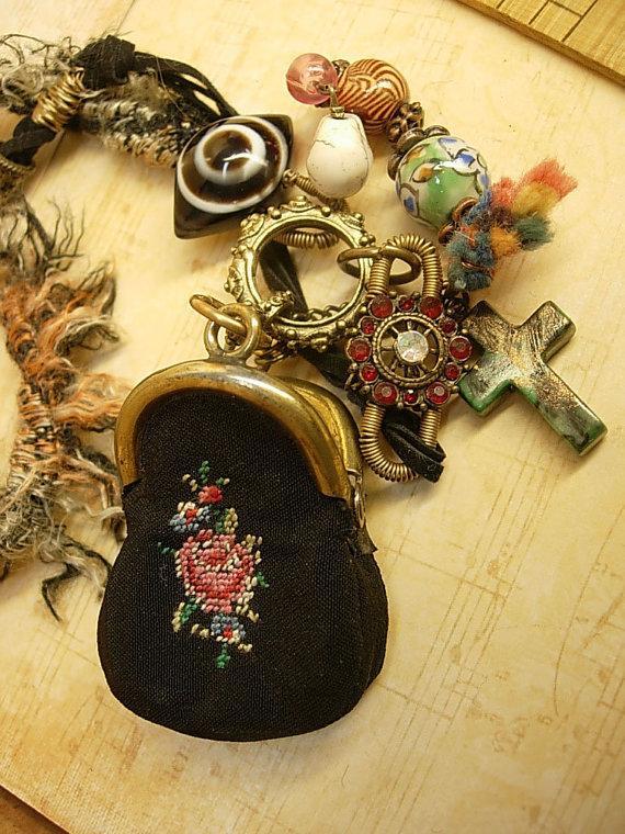 Strange Aunt Emmas bag of tricks necklace antique miniature coin purse and evil eyes
