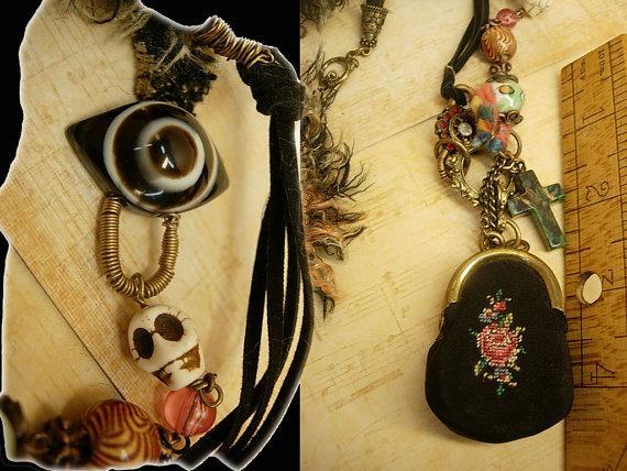 Strange Aunt Emmas bag of tricks necklace antique miniature coin purse and evil eyes