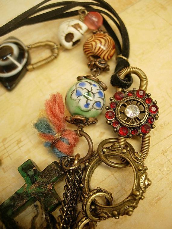 Strange Aunt Emmas bag of tricks necklace antique miniature coin purse and evil eyes