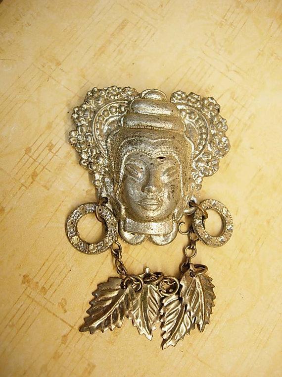 Vintage Asian brooch with earrings and chandelier drop necklace