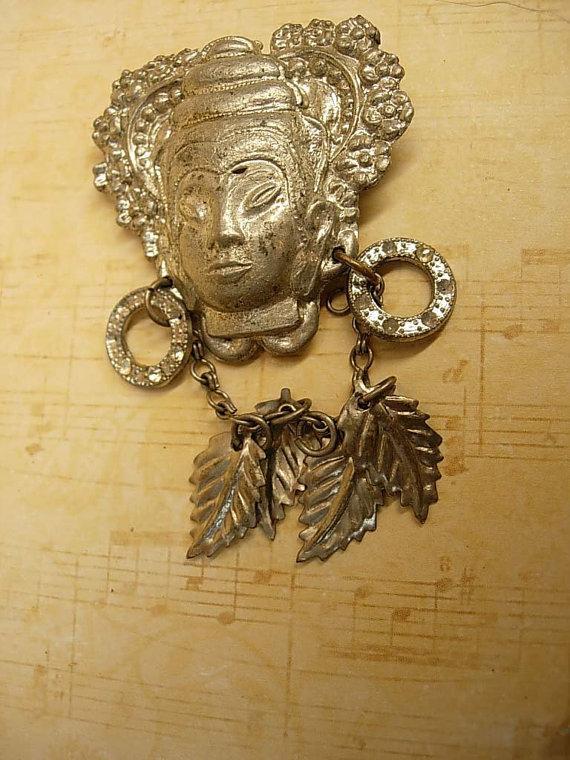 Vintage Asian brooch with earrings and chandelier drop necklace