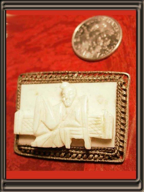 Vintage 1930's carved Ivory figural relief Chinese Man on bench filigree brooch