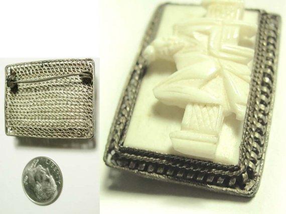 Vintage 1930's carved Ivory figural relief Chinese Man on bench filigree brooch