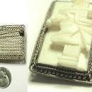 Vintage 1930's carved Ivory figural relief Chinese Man on bench filigree brooch