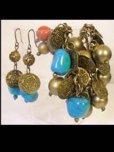 Chunky Real Turquoise Gypsy Bohemian Charm bracelet and earrings