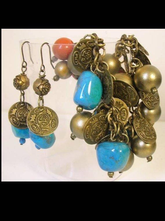 Chunky Real Turquoise Gypsy Bohemian Charm bracelet and earrings