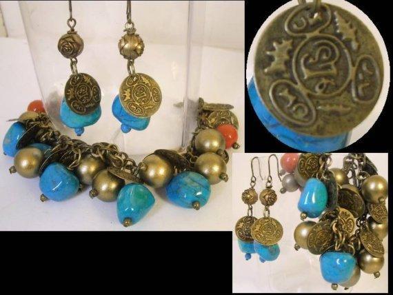 Chunky Real Turquoise Gypsy Bohemian Charm bracelet and earrings