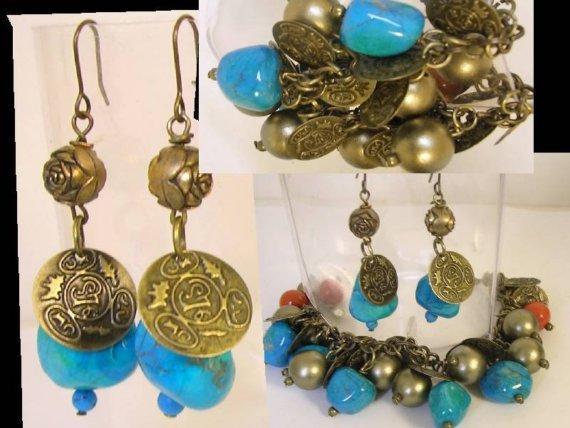 Chunky Real Turquoise Gypsy Bohemian Charm bracelet and earrings