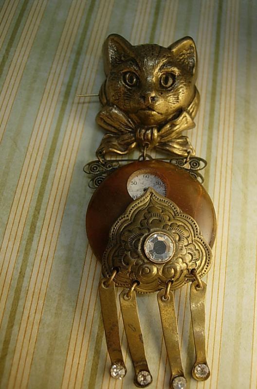 Steampunk Cat brooch Antique clock face figural brooch