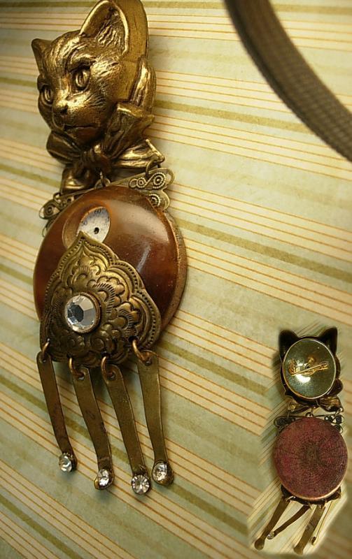 Steampunk Cat brooch Antique clock face figural brooch