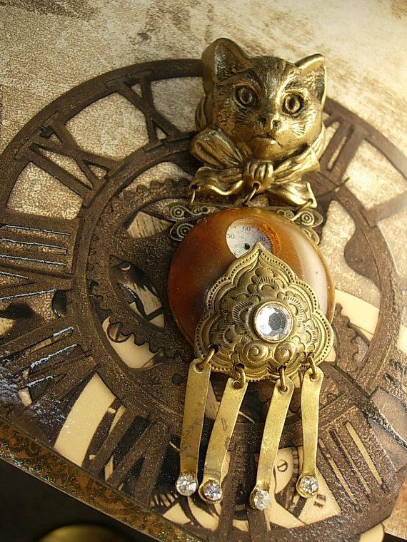 Steampunk Cat brooch Antique clock face figural brooch