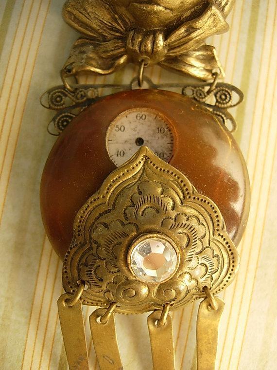 Steampunk Cat brooch Antique clock face figural brooch