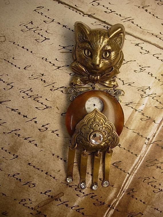 Steampunk Cat brooch Antique clock face figural brooch