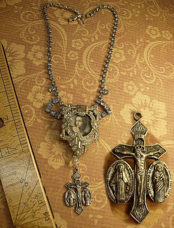 Religious Saint Necklace Vintage rhinestone dress clip antique religious medal goth necklace