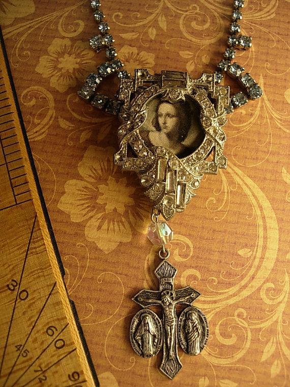 Religious Saint Necklace Vintage rhinestone dress clip antique religious medal goth necklace