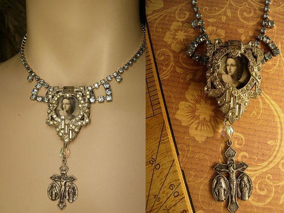 Religious Saint Necklace Vintage rhinestone dress clip antique religious medal goth necklace