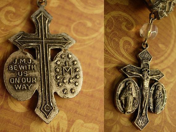 Religious Saint Necklace Vintage rhinestone dress clip antique religious medal goth necklace
