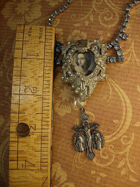 Religious Saint Necklace Vintage rhinestone dress clip antique religious medal goth necklace