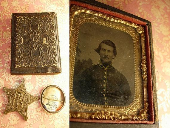 Antique Civil War Tintype and Gar medal plus celluloid pinback
