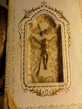 Vintage Celluloid child's prayer book catholic missal Communion book with scapular inside