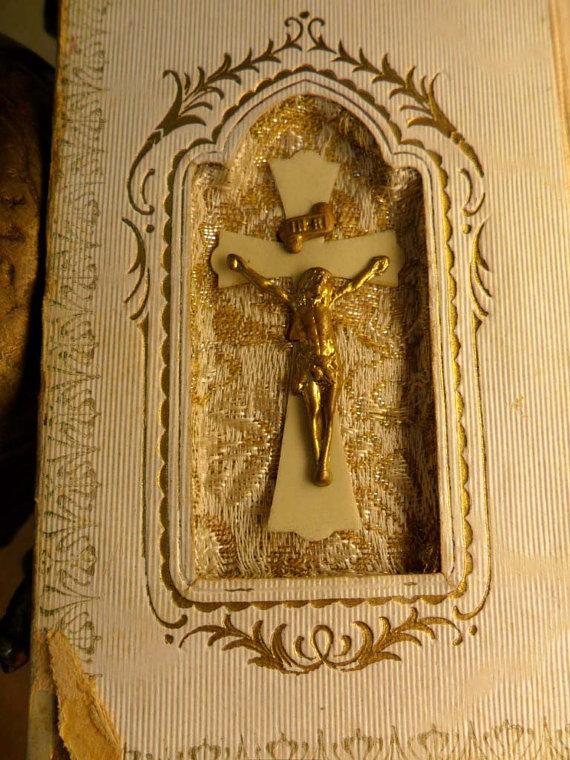 Vintage Celluloid child's prayer book catholic missal Communion book with scapular inside