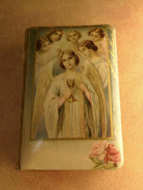 Vintage Celluloid child's prayer book catholic missal Communion book with scapular inside