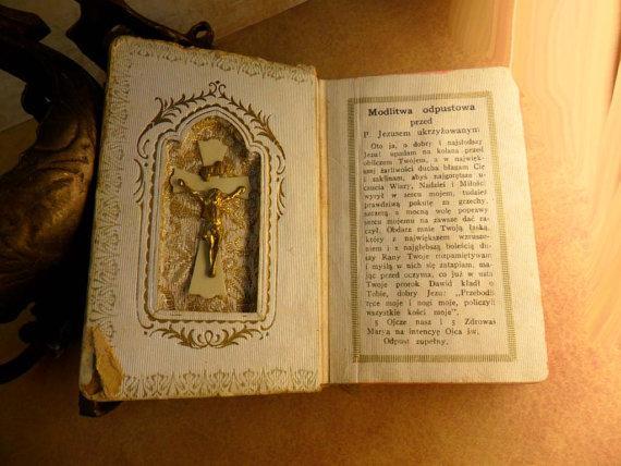 Vintage Celluloid child's prayer book catholic missal Communion book with scapular inside