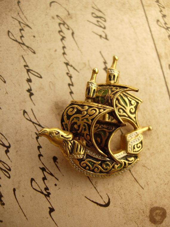 Vintage Enamel Medieval Viking Bird bulkhead Ship Brooch