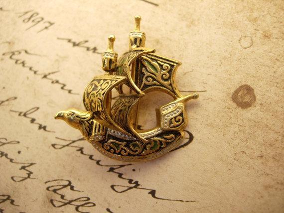 Vintage Enamel Medieval Viking Bird bulkhead Ship Brooch