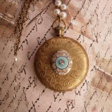 Vintage jeweled pocketwatch locket with Gothic angel portrait inside and edwardian faux pearl chain
