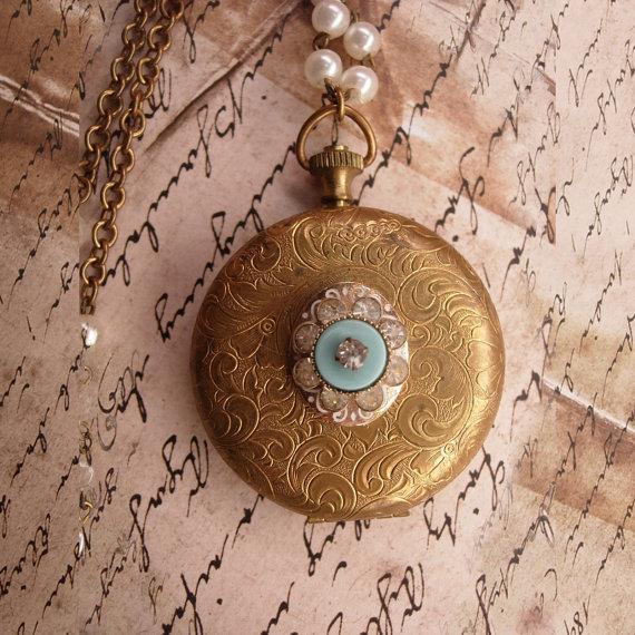 Vintage jeweled pocketwatch locket with Gothic angel portrait inside and edwardian faux pearl chain