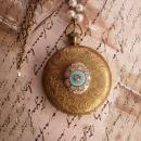 Vintage jeweled pocketwatch locket with Gothic angel portrait inside and edwardian faux pearl chain