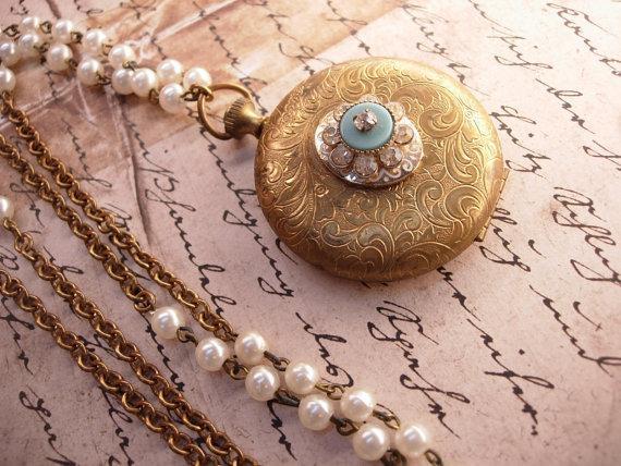 Vintage jeweled pocketwatch locket with Gothic angel portrait inside and edwardian faux pearl chain