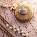 Vintage jeweled pocketwatch locket with Gothic angel portrait inside and edwardian faux pearl chain