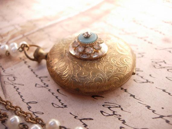 Vintage jeweled pocketwatch locket with Gothic angel portrait inside and edwardian faux pearl chain