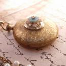 Vintage jeweled pocketwatch locket with Gothic angel portrait inside and edwardian faux pearl chain