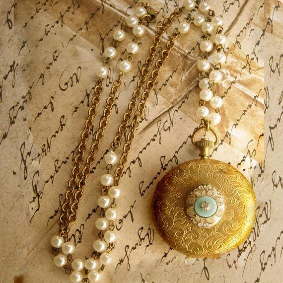 Vintage jeweled pocketwatch locket with Gothic angel portrait inside and edwardian faux pearl chain