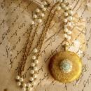 Vintage jeweled pocketwatch locket with Gothic angel portrait inside and edwardian faux pearl chain